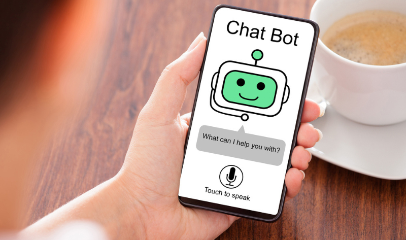 Woman using chatbot application on smartphone