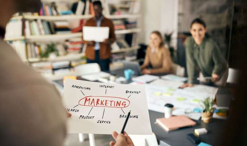 Close-up of business team brainstorming about marketing plans on a meeting in the office.