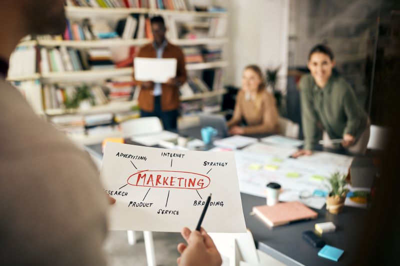 Close-up of business team brainstorming about marketing plans on a meeting in the office.