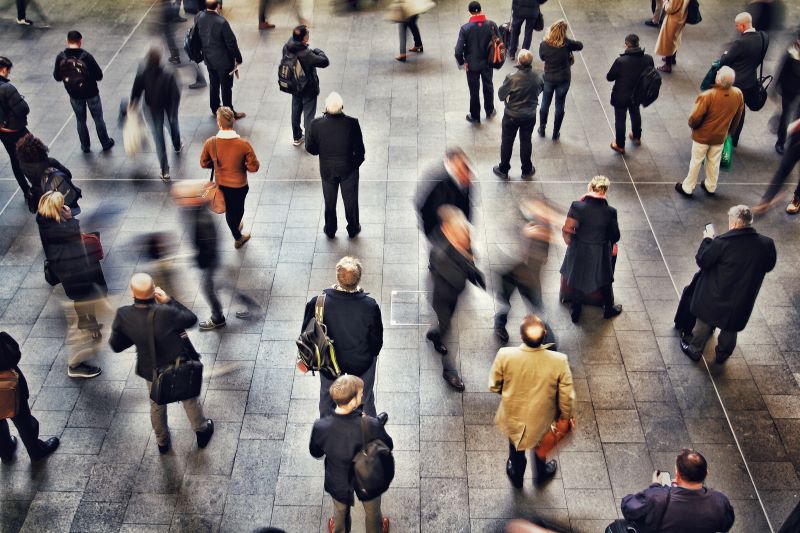 High angle view of commuters passengers and business travellers